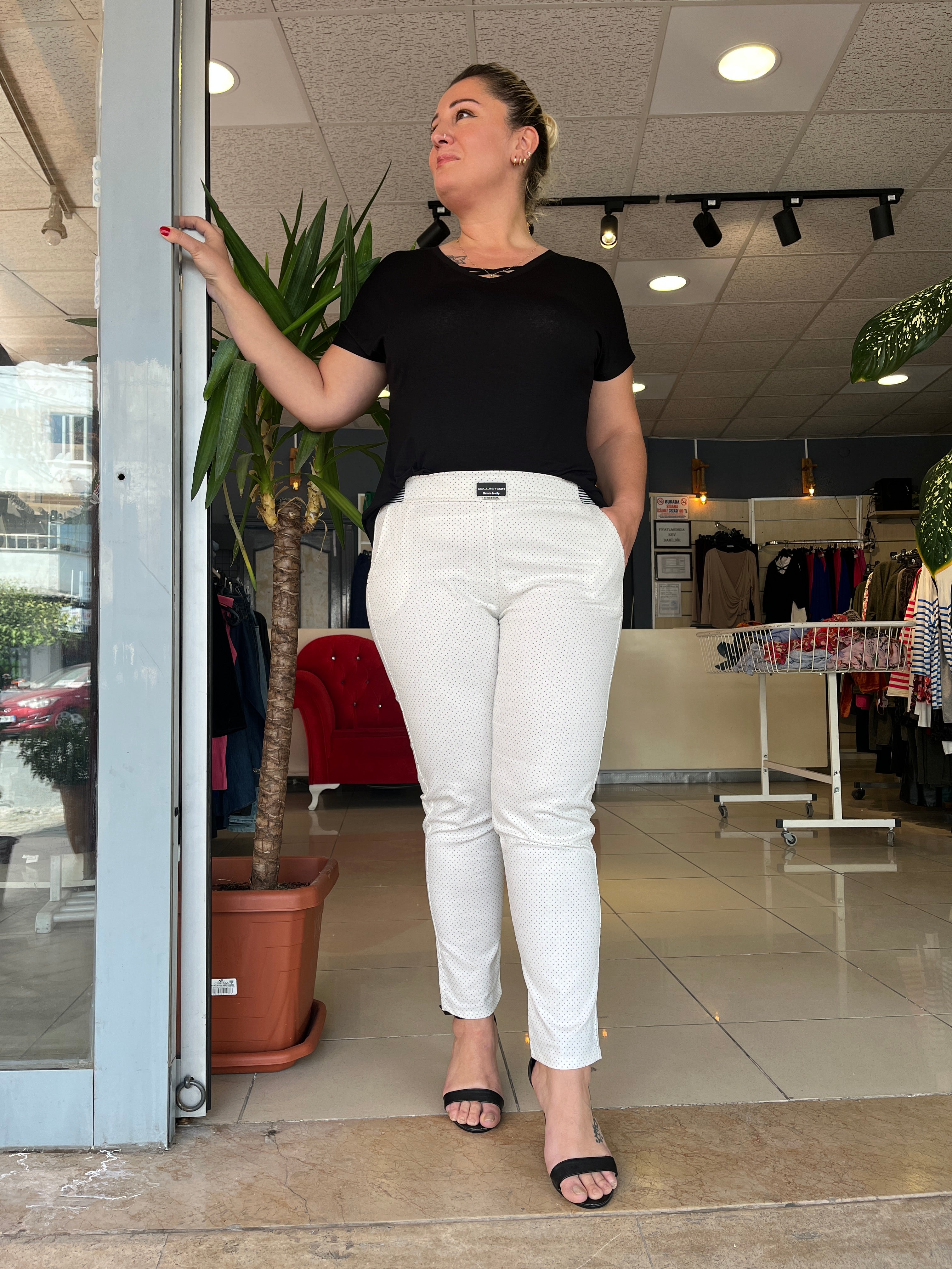 Puantiyeli Pamuk Keten Pantolon