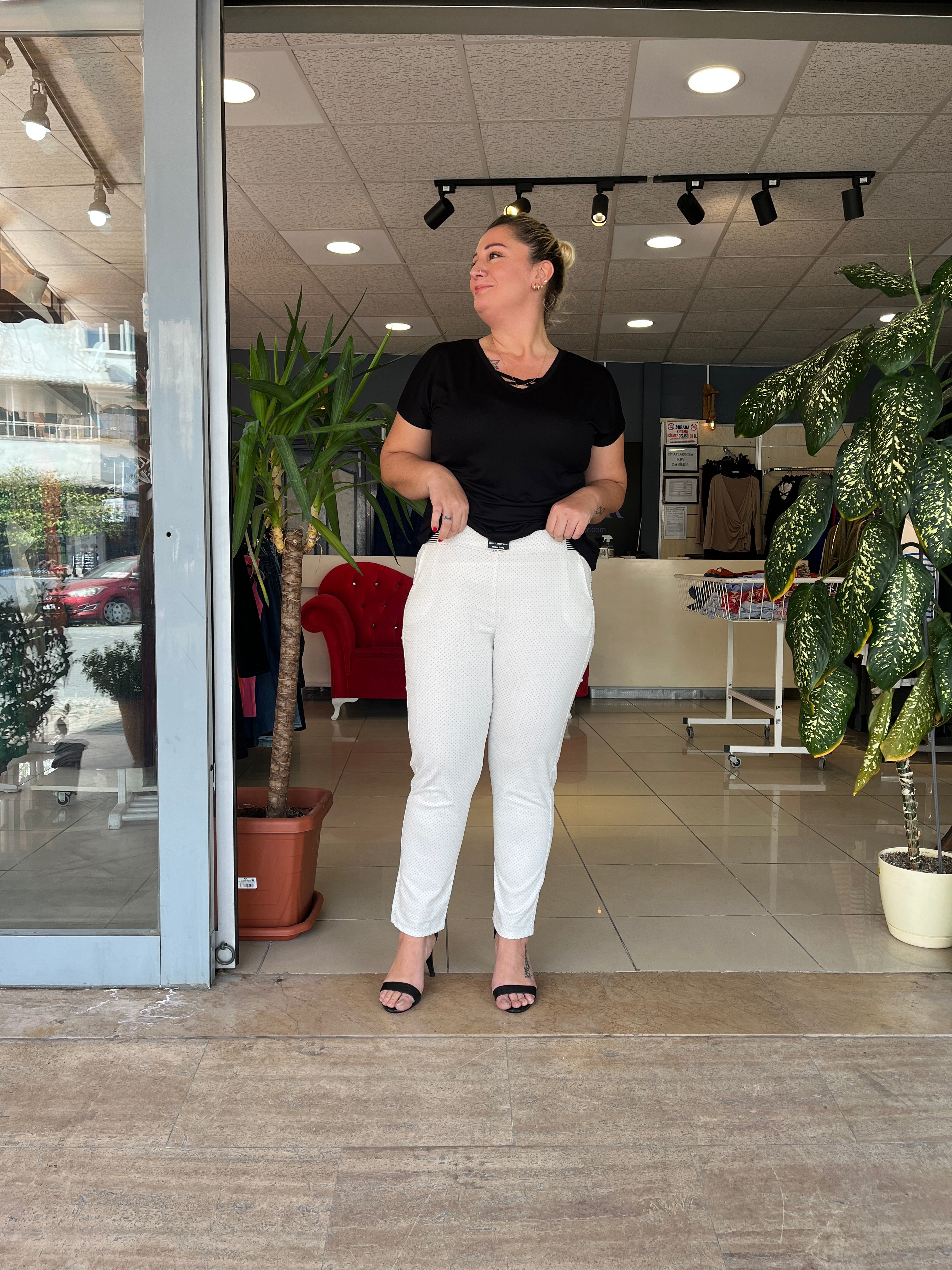 Puantiyeli Pamuk Keten Pantolon