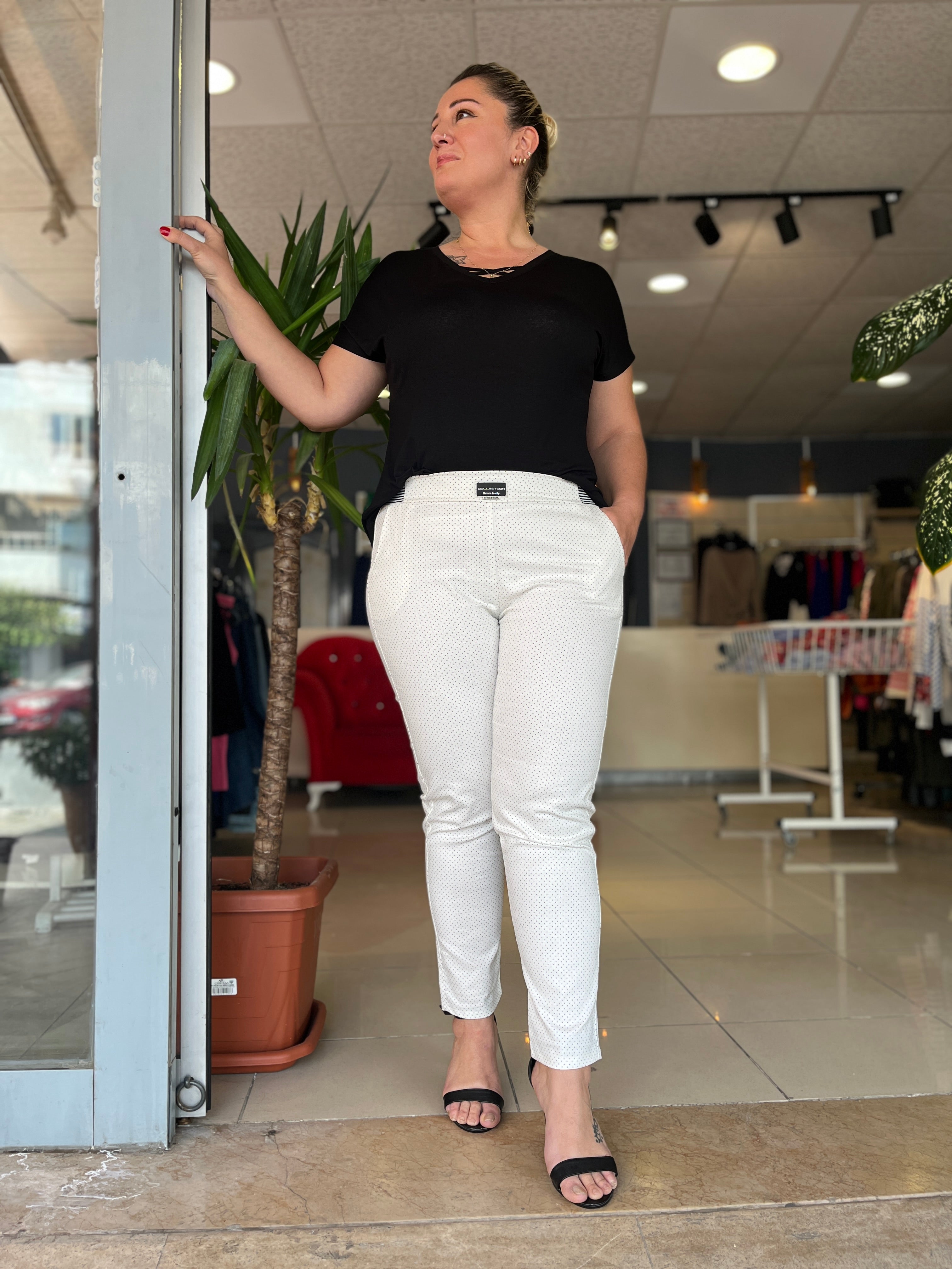 Puantiyeli Pamuk Keten Pantolon